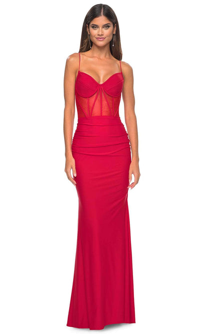 La Femme 32258 - V-Neck Illusion Bustier Prom Gown Evening Dresses 00 / Red