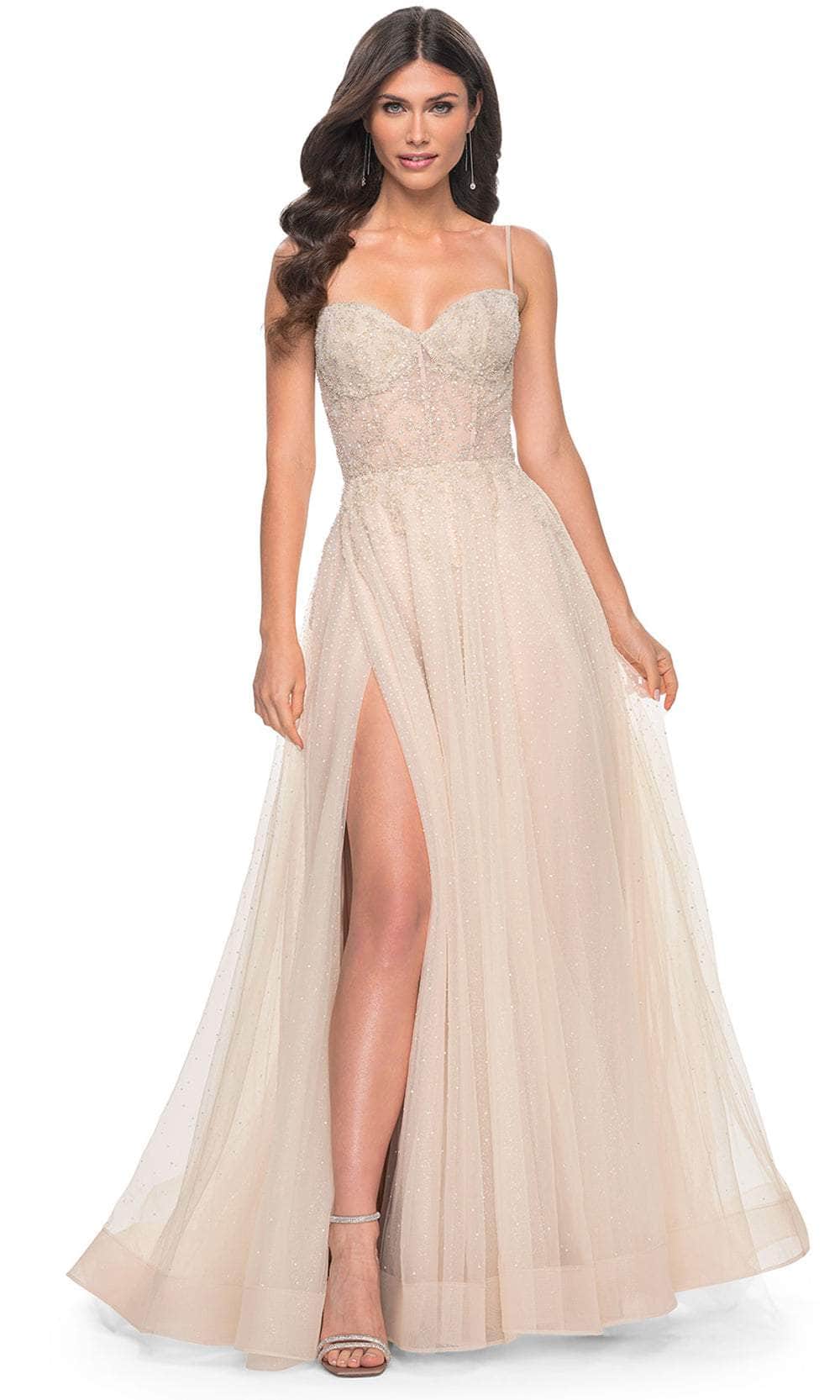 00 prom dresses La Femme 32271 Rhinestone Embellished A-Line Gown Color:Ink Structured bodice with internal D7539C Marchesa Floral Embroidered Applique
