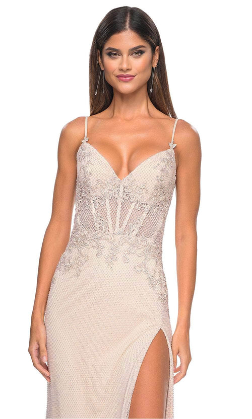 La Femme 32292 Deep V-Neck Sheer Corset Prom Gown