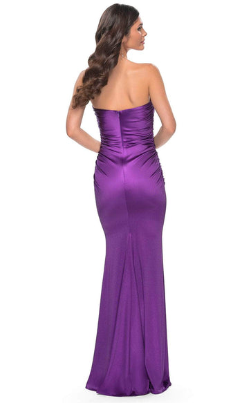 La Femme 32300 Floor-Length Strapless Ruched Satin Prom Dress with Open Back and Train