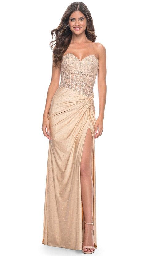 La Femme 32301 - Embroidered Corset Strapless Prom Dress Prom Dresses 00 / Light Gold