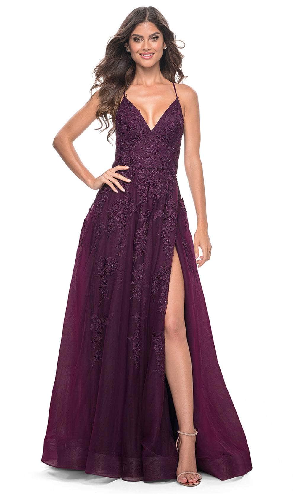 La Femme 32303 - V-Neck Embroidered Tulle Prom Gown Evening Dresses 00 / Dark Berry