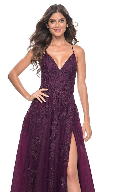 La Femme 32303 V Neck Embroidered Tulle Prom Gown