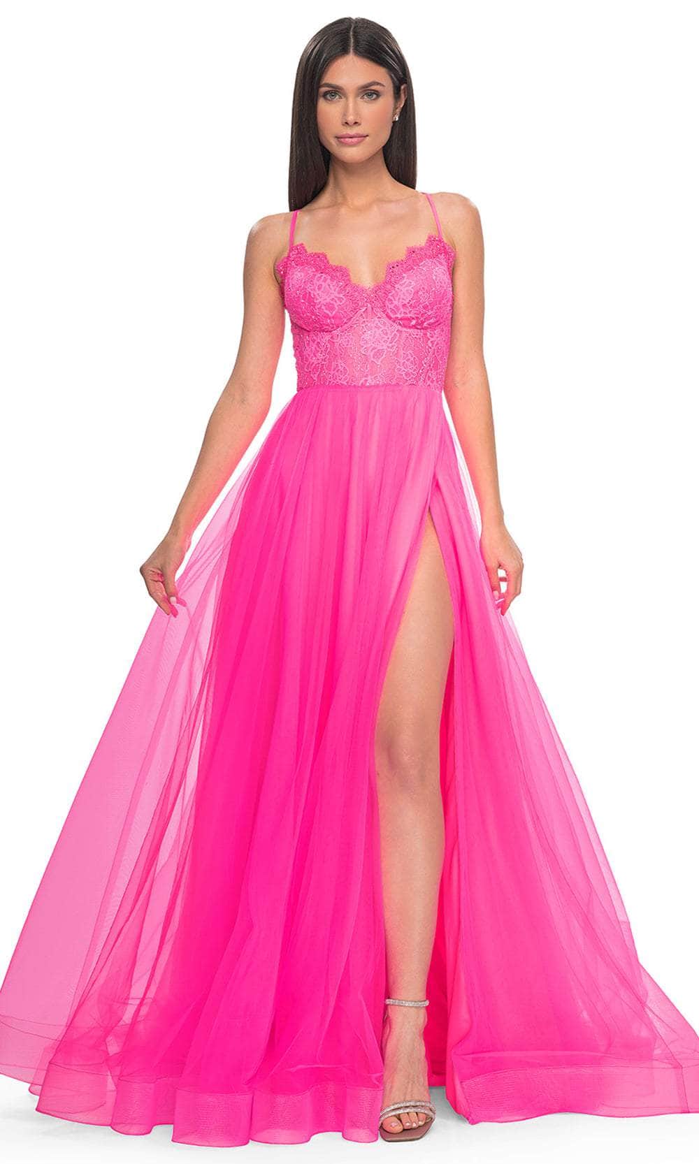 La Femme 32306 - V-Neck Sheer Lace Bodice Prom Dress Evening Dresses 00 / Neon Pink