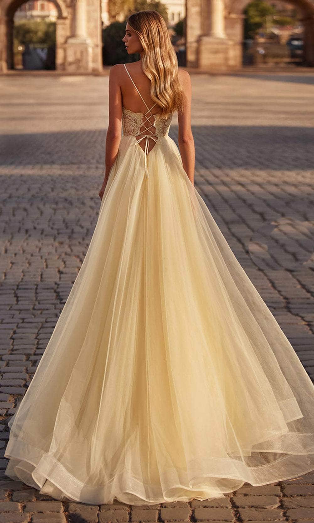 La Femme 32306 V-Neck Sheer Lace Bodice Prom Dress