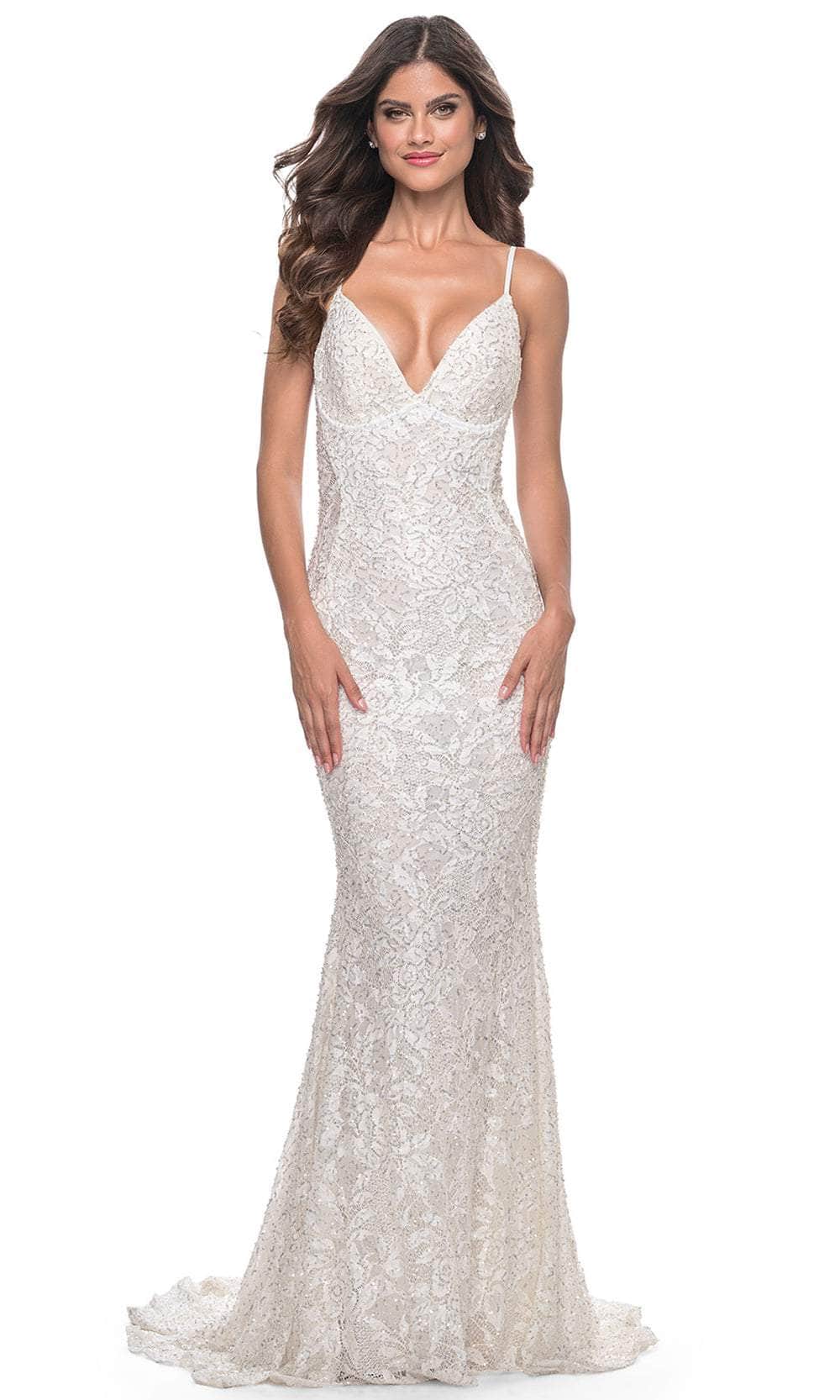 La Femme 32309 - Deep V-Neck Beaded Lace Prom Dress Evening Dresses 00 / White