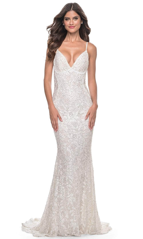 La Femme 32309 - Deep V-Neck Beaded Lace Prom Dress Evening Dresses 00 / White