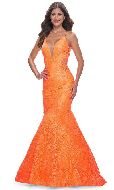 La Femme 32314 Plunging Neckline Floral Lace Prom Gown