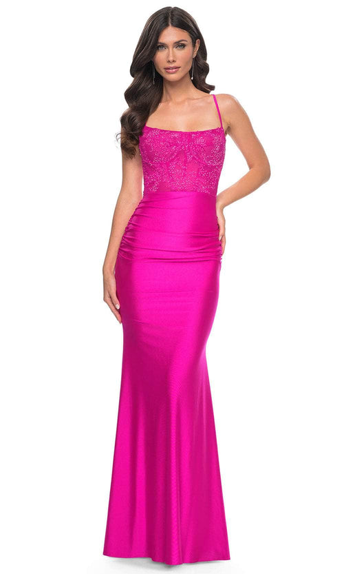 La Femme 32322 - Fitted Lace Corset Bodice Prom Gown Evening Dresses 00 / Hot Fuchsia