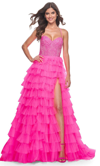 La Femme 32335 - Sweetheart Neck Rhinestone Embellished Ballgown Prom Dresses 00 / Neon Pink