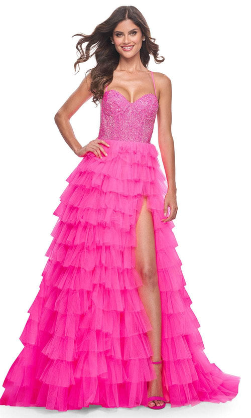 La Femme 32335 - Sweetheart Neck Rhinestone Embellished Ballgown Prom Dresses 00 / Neon Pink