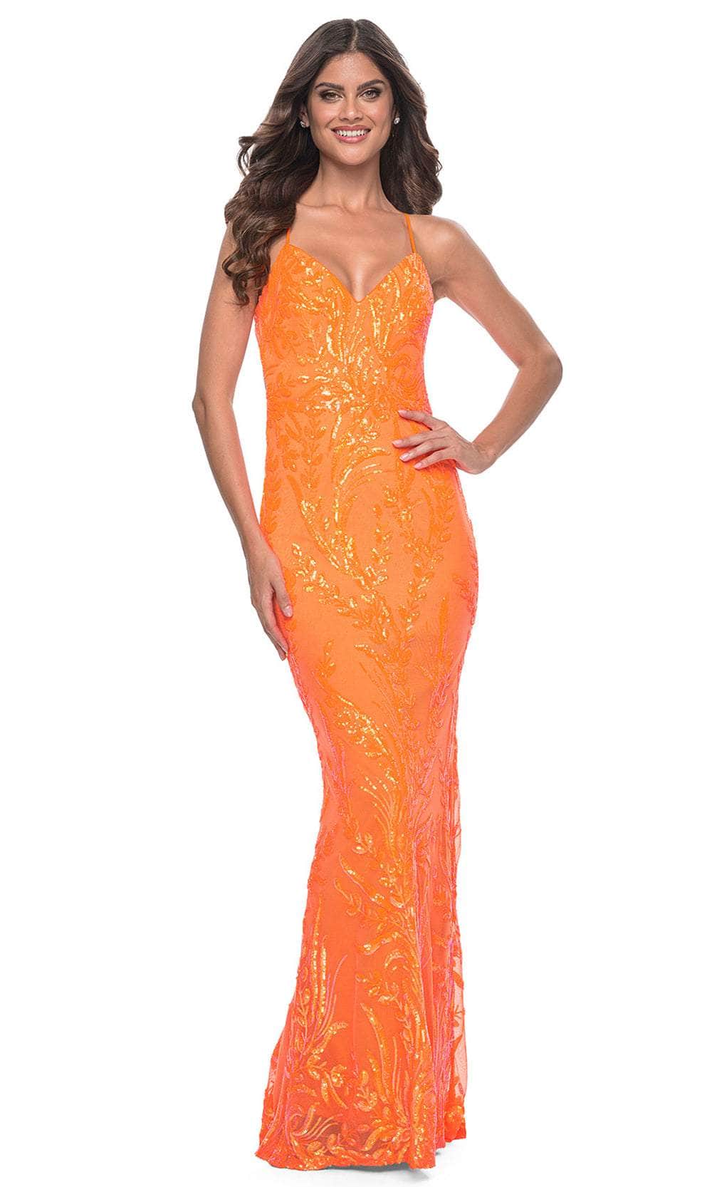 La Femme 32343 - Sleeveless Leaf Designed Prom Dress Evening Dresses 00 / Orange