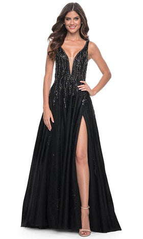 La Femme 32345 Plunging V-Neck Rhinestone Embellished Prom Gown
