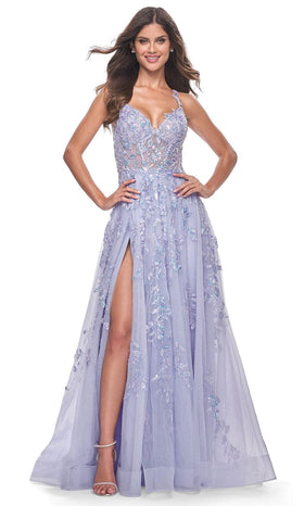 La Femme 32349 V-Neck Lace Appliqué Prom Gown