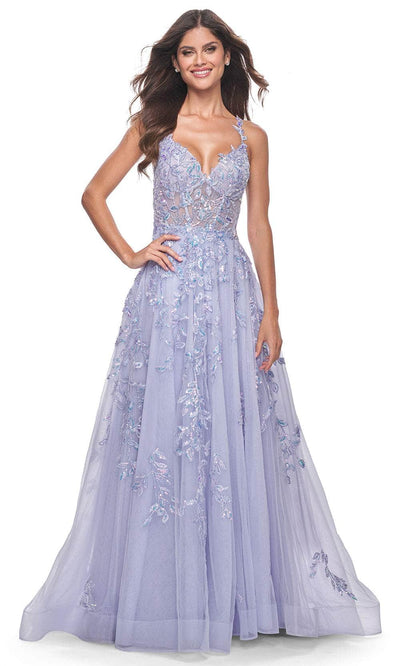 La Femme 32349 V-Neck Lace Appliqué Prom Gown