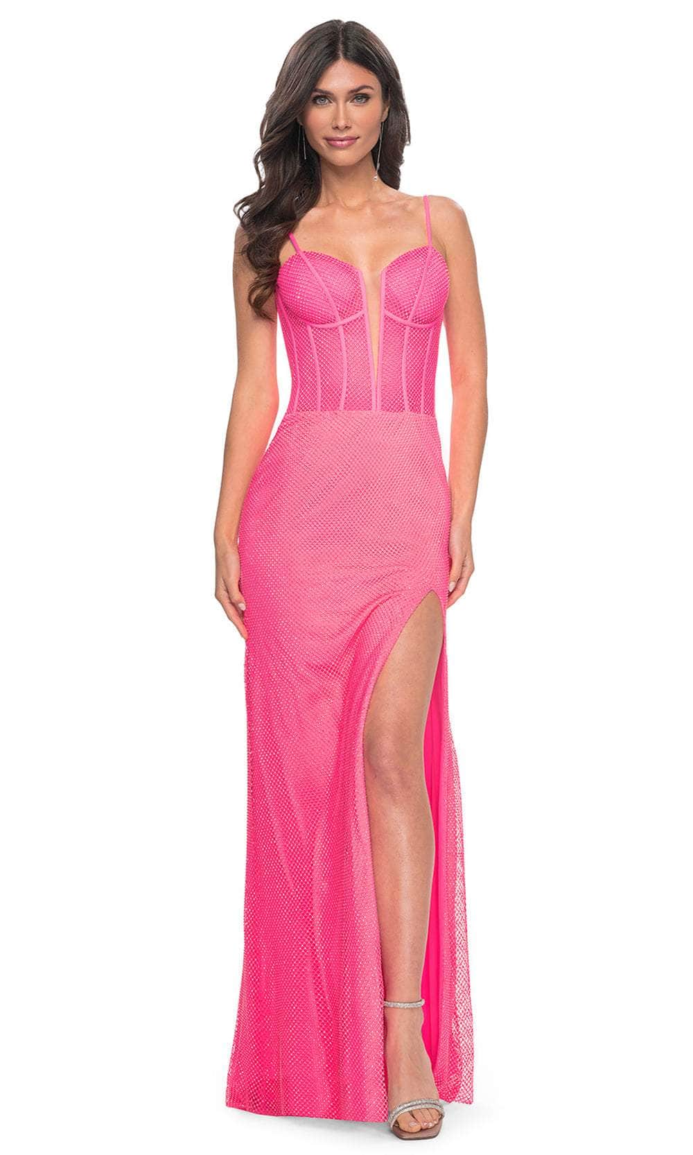 La Femme 32426 - Illusion Deep V-Neck Boned Bodice Prom Gown Evening Dresses 00 / Hot Pink