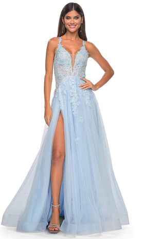 La Femme 32438 Lace Applique Deep V-Neck Prom Gown