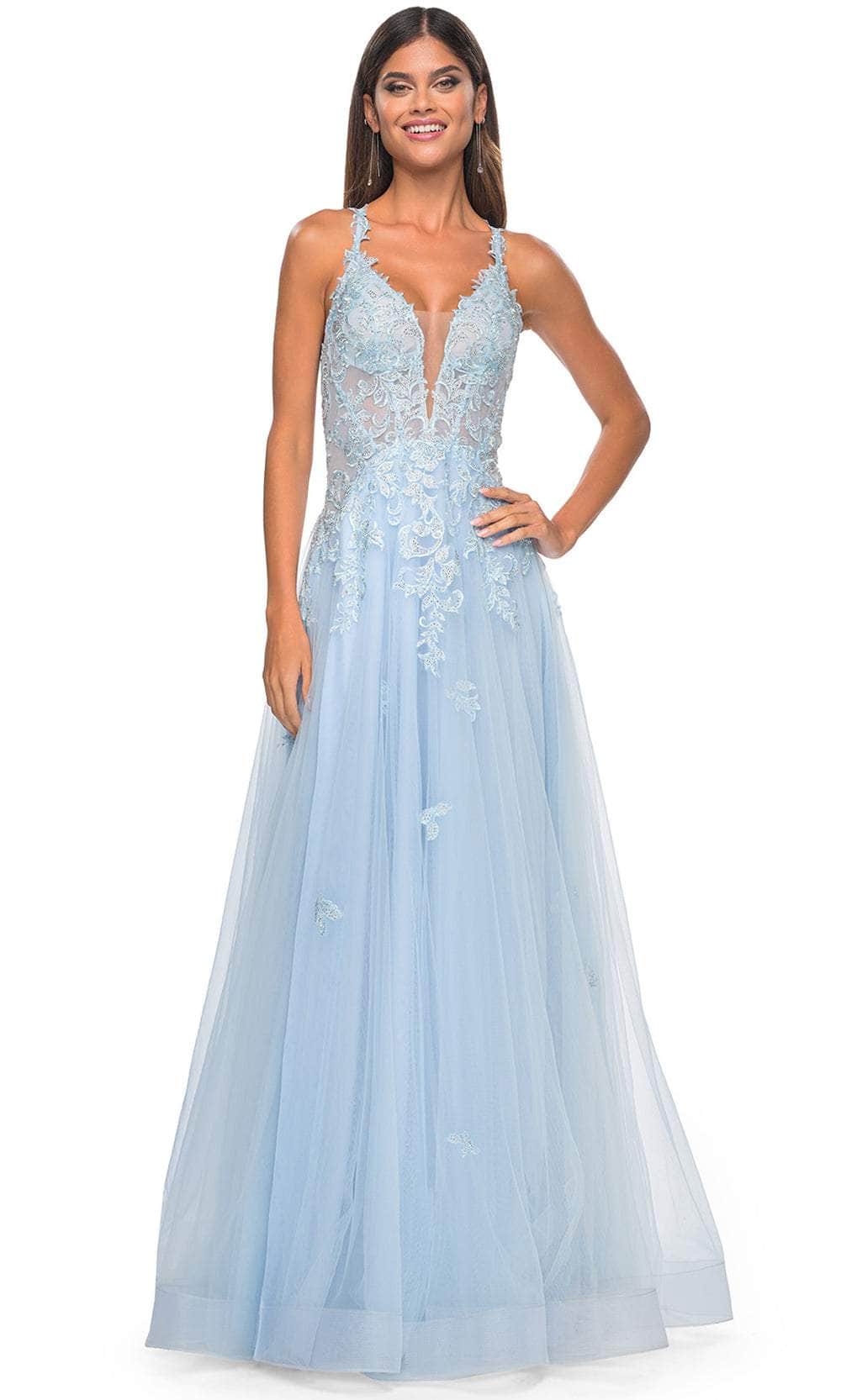 La Femme 32438 Lace Applique Deep V-Neck Prom Gown