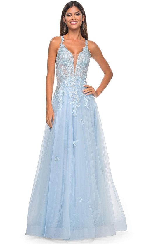 La Femme 32438 Lace Applique Deep V-Neck Prom Gown