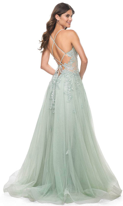 La Femme 32438 Lace Applique Deep V-Neck Prom Gown