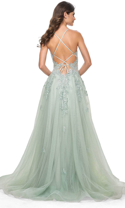La Femme 32438 Lace Applique Deep V-Neck Prom Gown