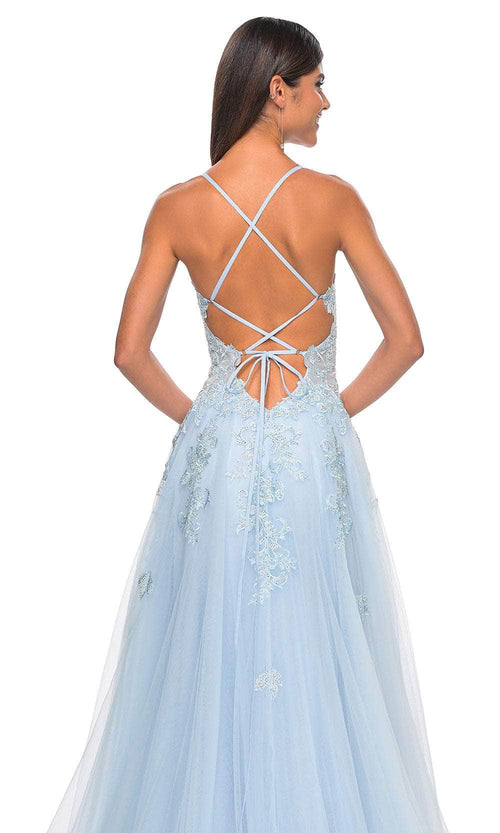 La Femme 32438 Lace Applique Deep V-Neck Prom Gown