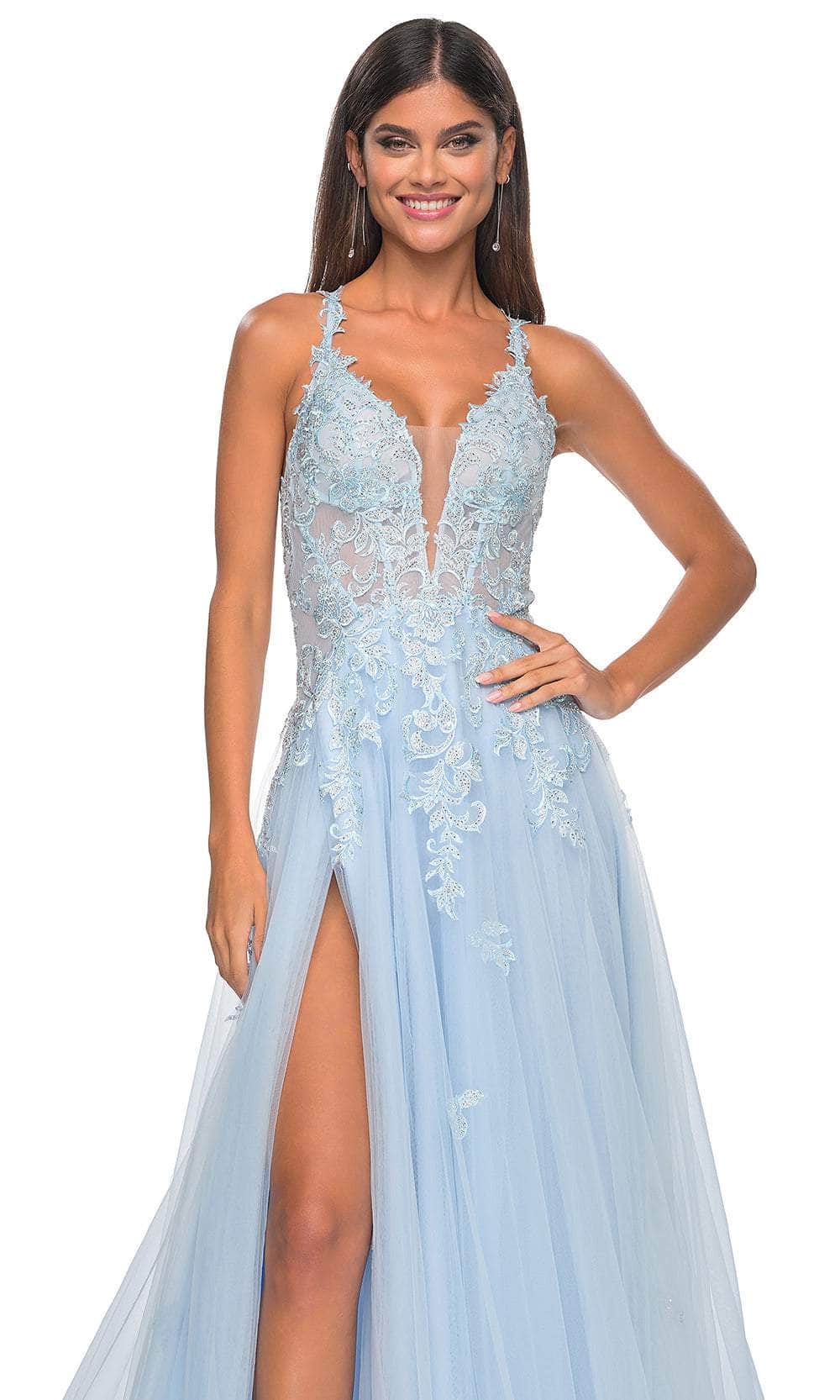 La Femme 32438 Lace Applique Deep V-Neck Prom Gown