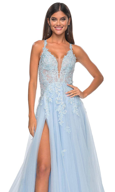 La Femme 32438 Lace Applique Deep V-Neck Prom Gown