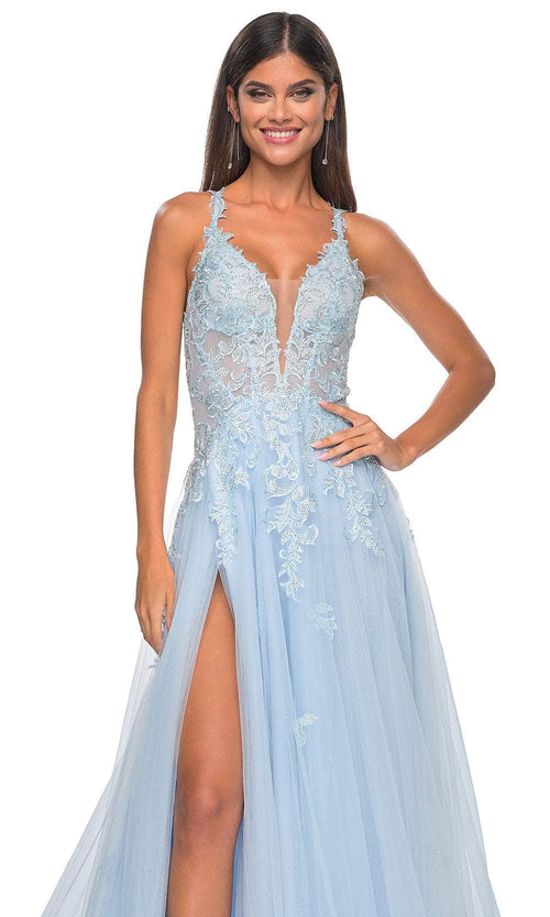 La Femme 32438 Lace Applique Deep V-Neck Prom Gown