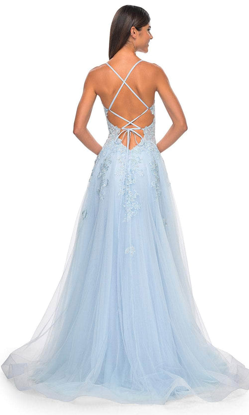 La Femme 32438 Lace Applique Deep V-Neck Prom Gown