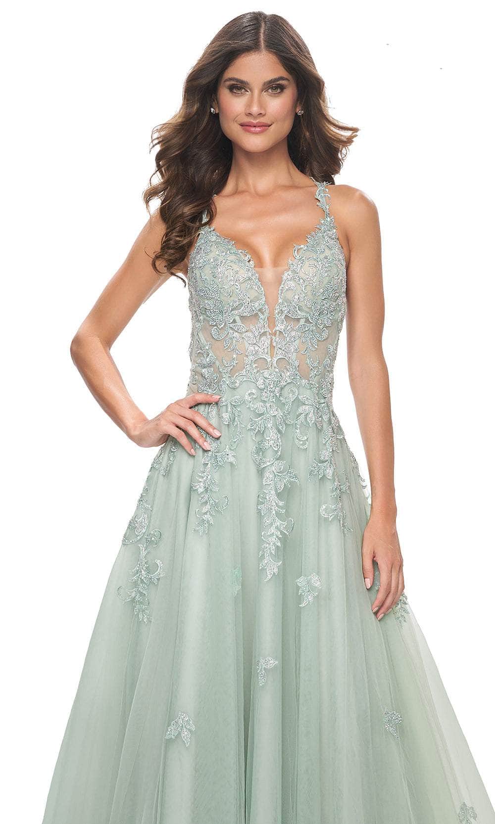 La Femme 32438 Lace Applique Deep V-Neck Prom Gown