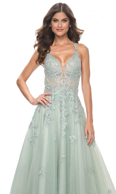 La Femme 32438 Lace Applique Deep V-Neck Prom Gown