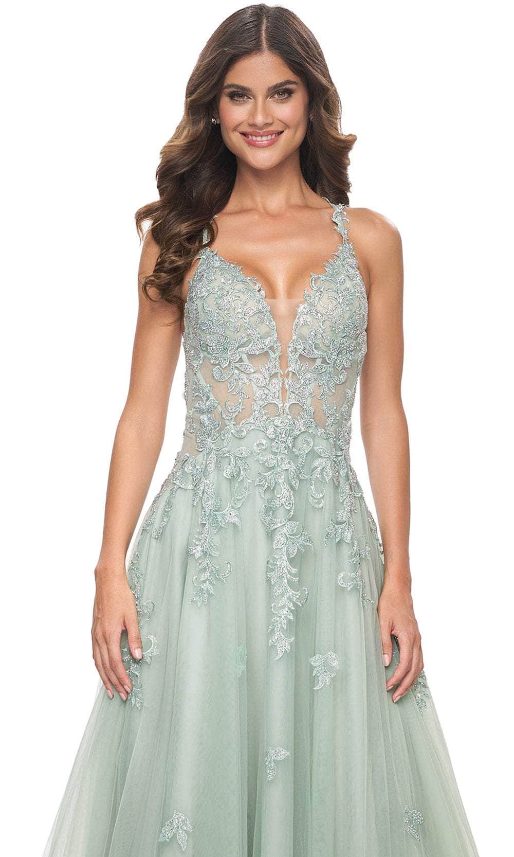 La Femme 32438 Lace Applique Deep V-Neck Prom Gown