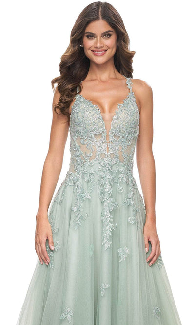 La Femme 32438 Lace Applique Deep V-Neck Prom Gown
