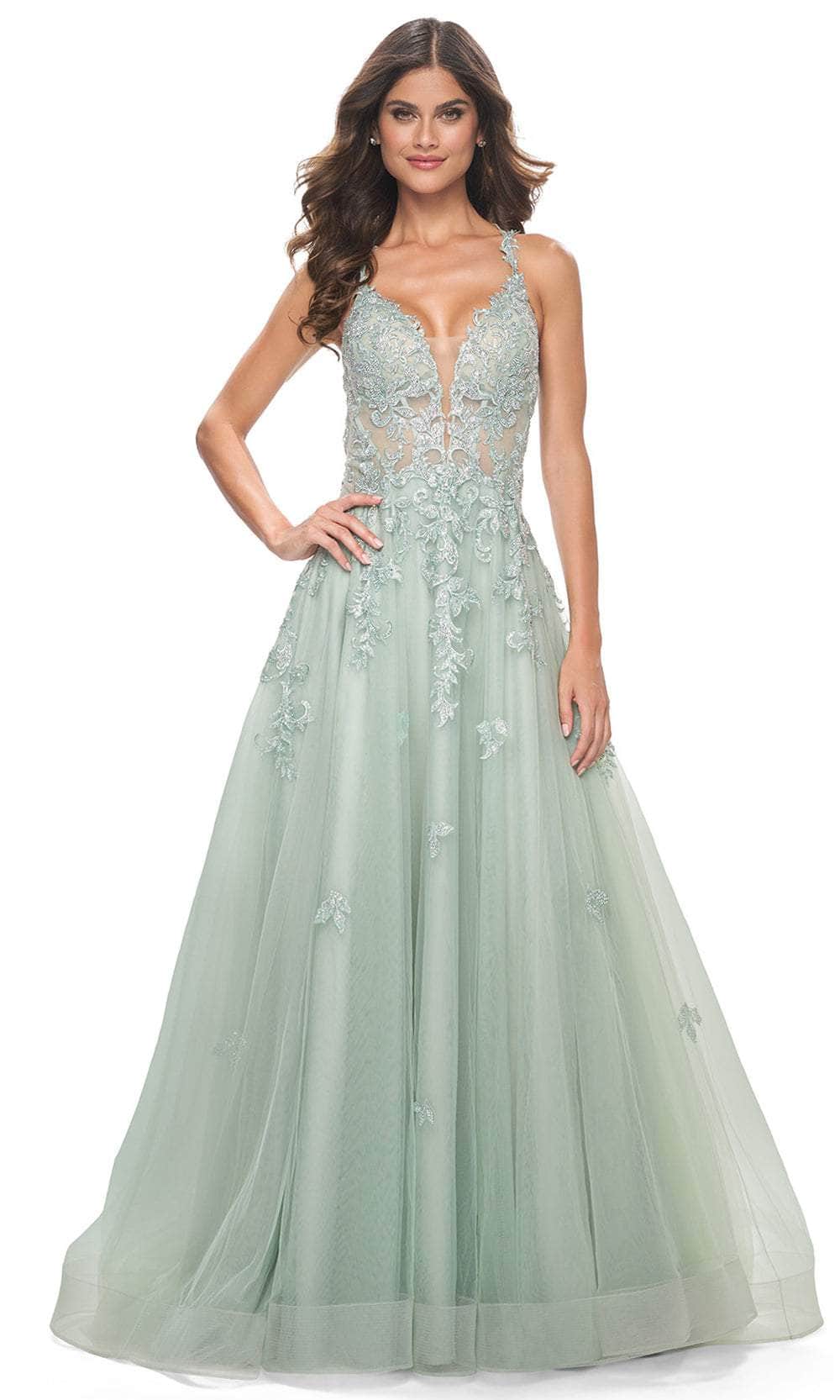 La Femme 32438 Lace Applique Deep V-Neck Prom Gown
