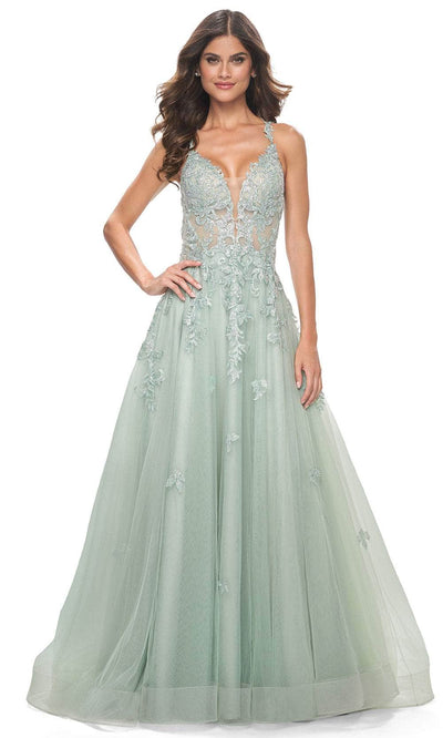 La Femme 32438 Lace Applique Deep V-Neck Prom Gown