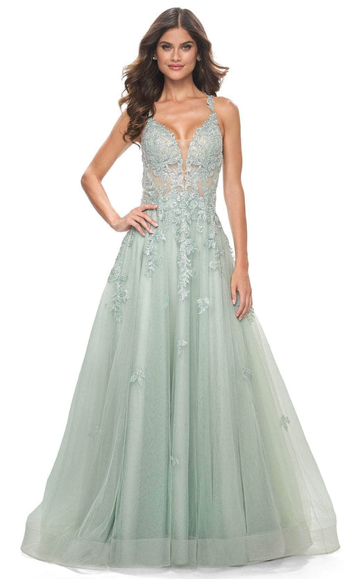 La Femme 32438 Lace Applique Deep V-Neck Prom Gown