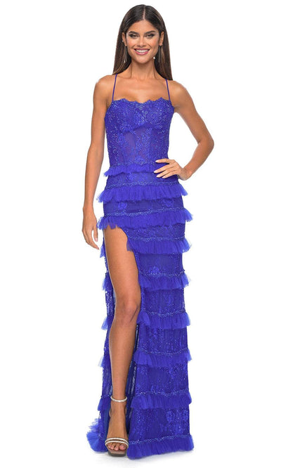 La Femme 32442 - Embellished Sleeveless Tiered Skirt Prom Gown' Evening Dresses 00 / Royal Blue