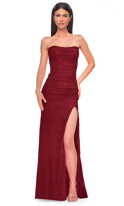 La Femme 32773 - Ruching Strapless Stretch Lace Prom Gown Special Occasion Dress
