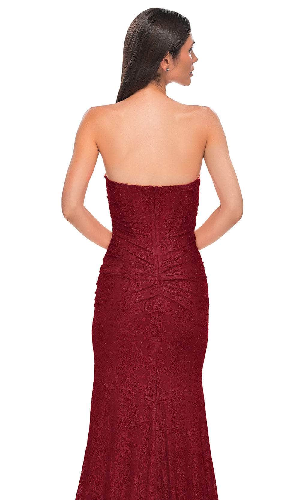 La Femme 32773 Ruched Strapless Stretch Lace Prom Gown