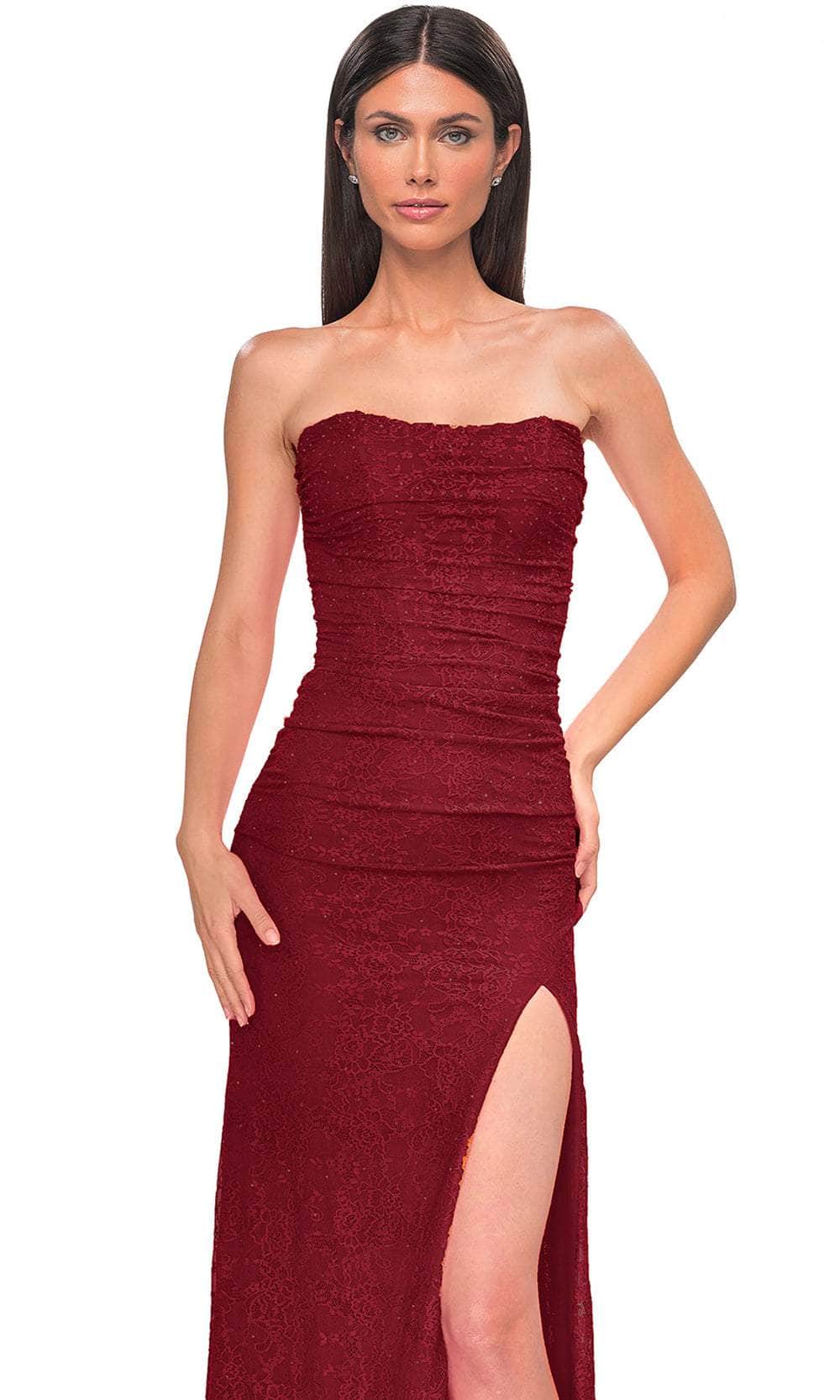 La Femme 32773 Ruched Strapless Stretch Lace Prom Gown