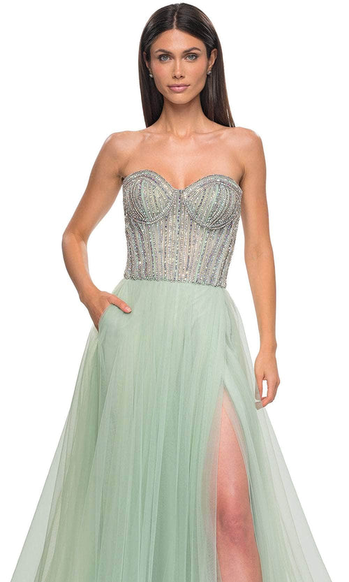 La Femme 32811 Illusion Back Layered A-Line Prom Gown