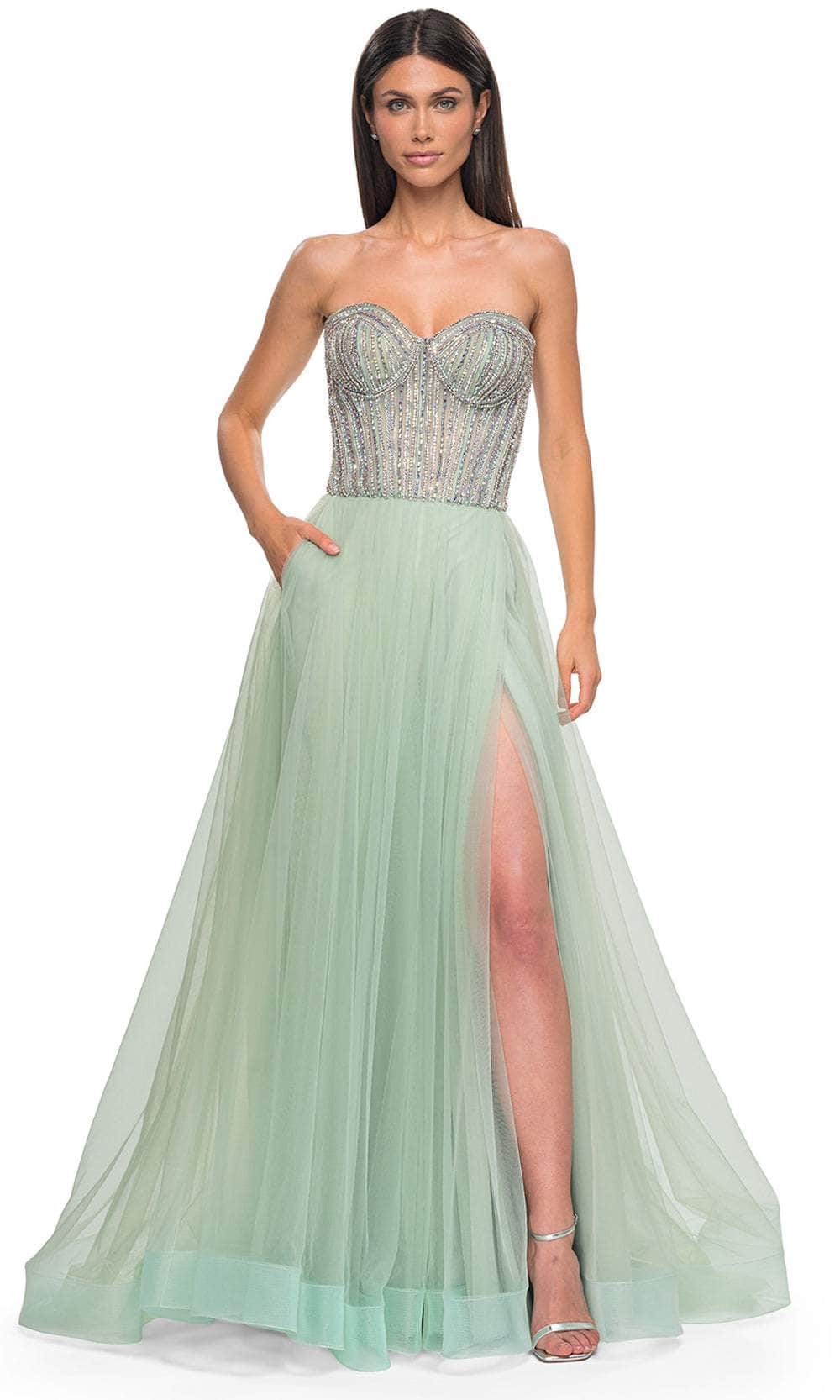 La Femme 32811 Illusion Back Layered A-Line Prom Gown