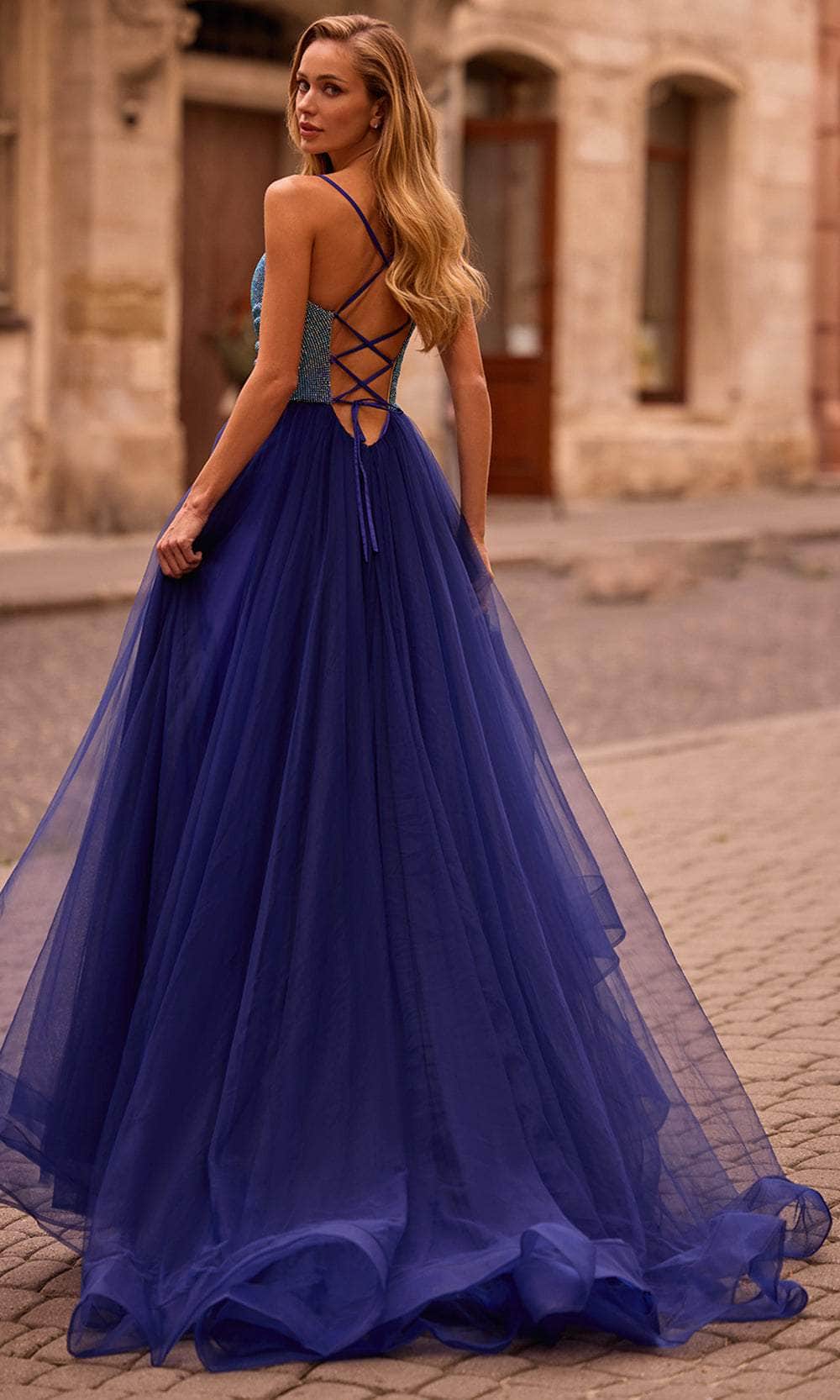 La Femme 32838 Cowl Neck Iridescent Beaded Prom Gown