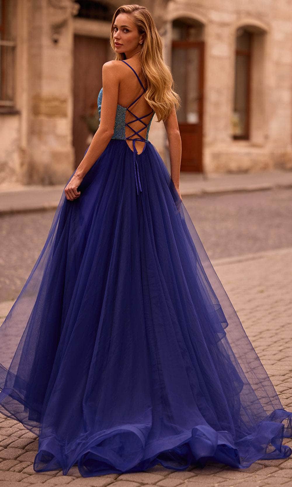 La Femme 32838 Cowl Neck Iridescent Beaded Prom Gown