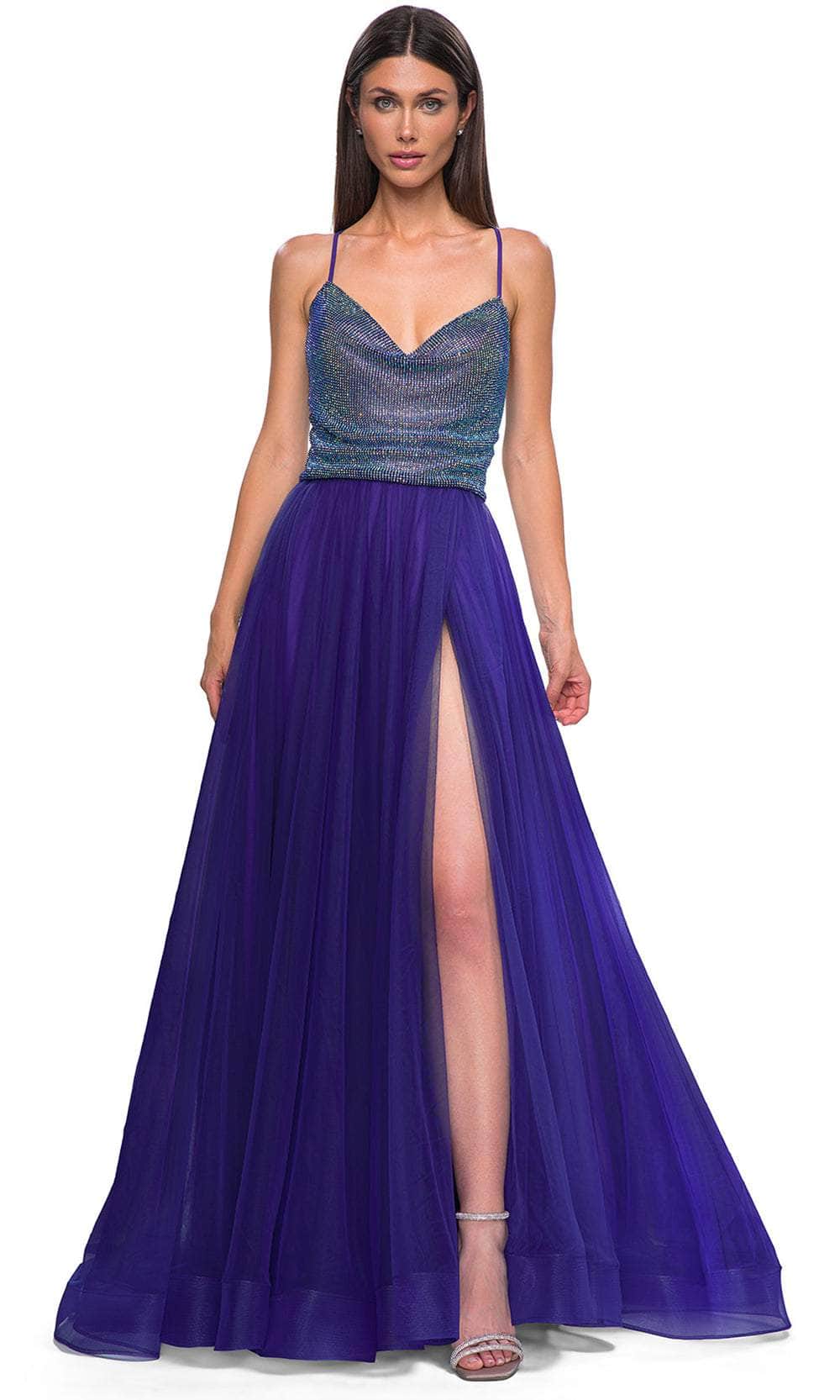 La Femme 32838 Cowl Neck Iridescent Beaded Prom Gown