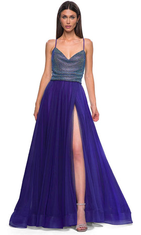 La Femme 32838 Cowl Neck Iridescent Beaded Prom Gown