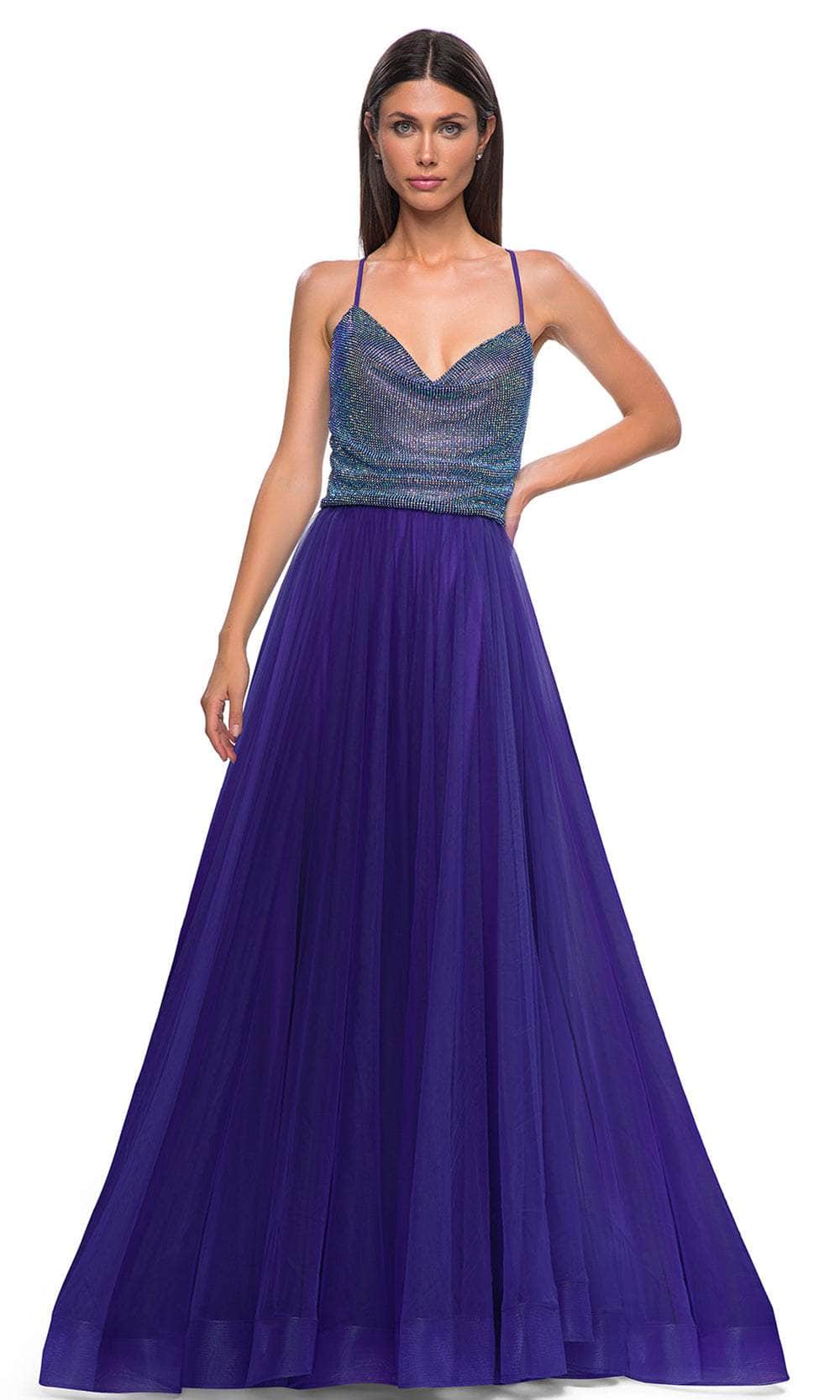 La Femme 32838 Cowl Neck Iridescent Beaded Prom Gown