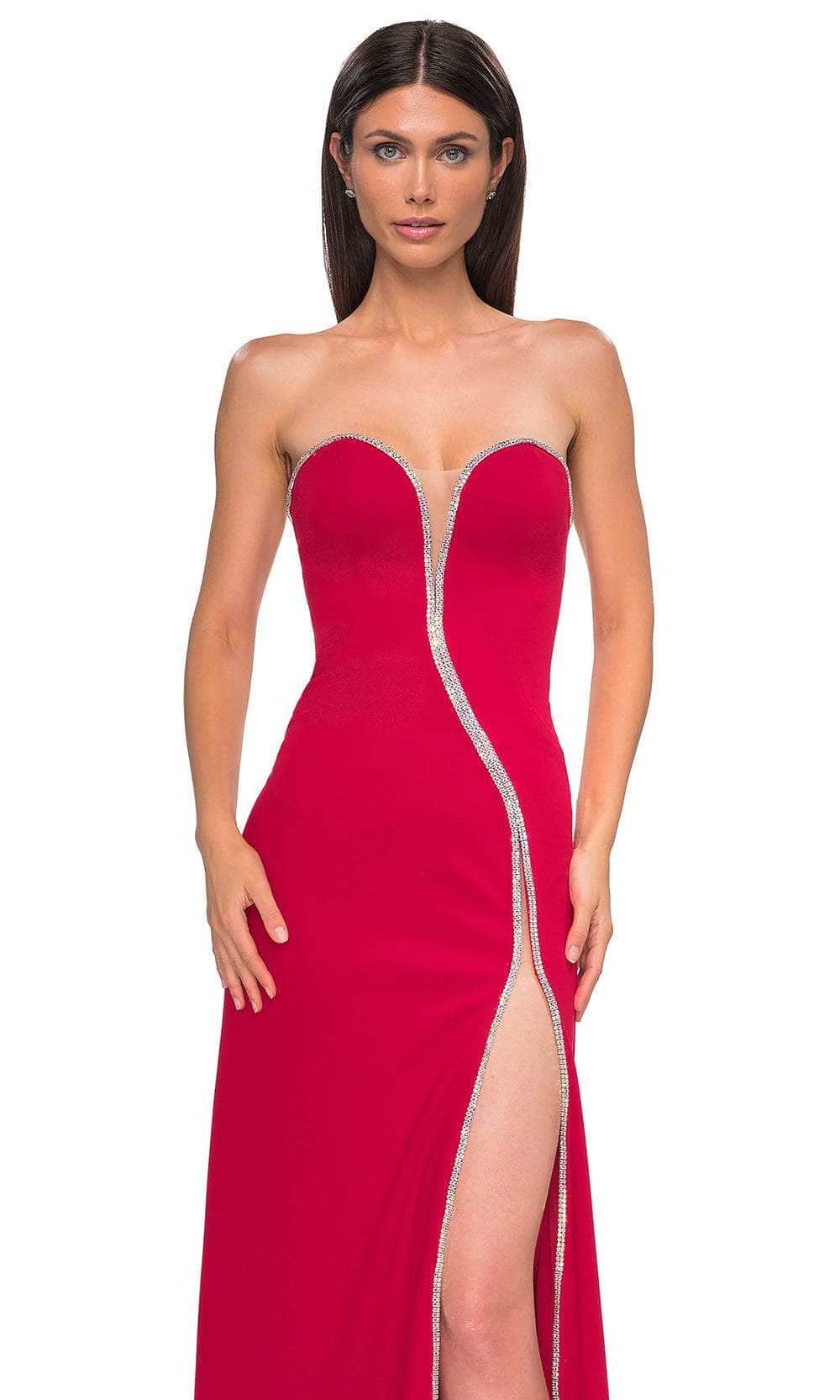La Femme 32854 Plunging Sweetheart High Slit Prom Gown