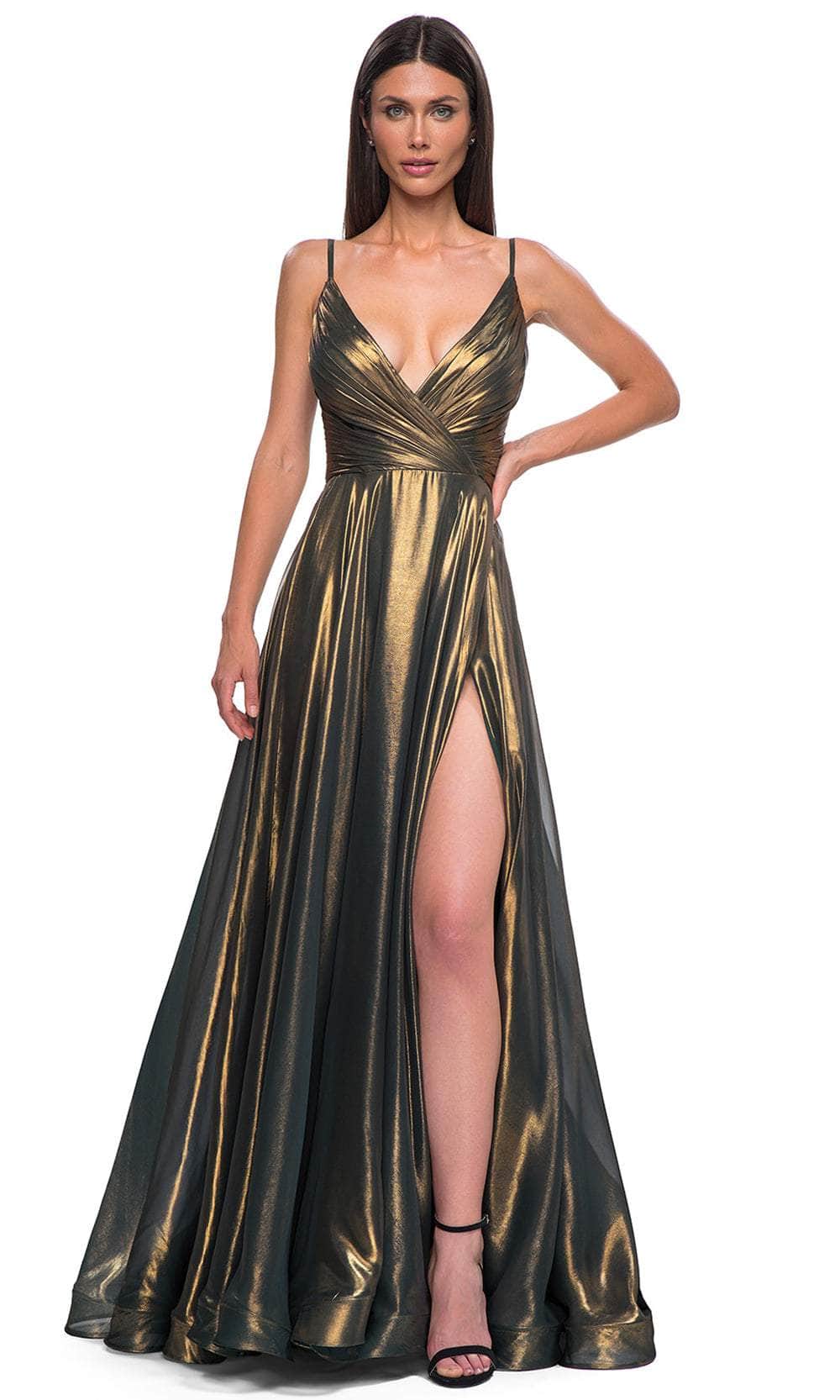 La Femme 32864 Surplice V-Neck Metallic Chiffon Prom Gown